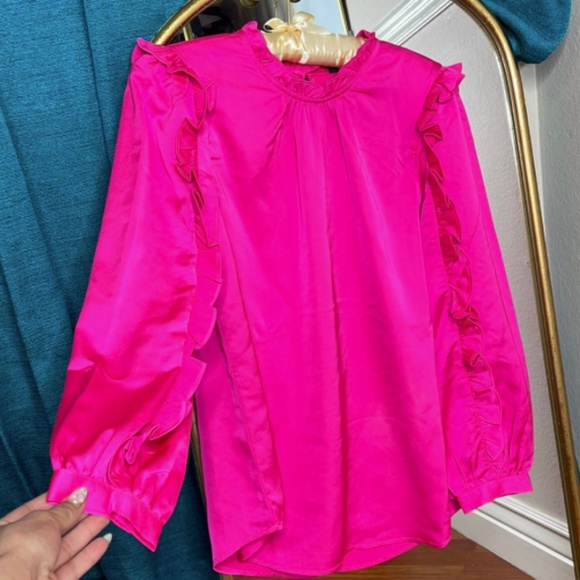 JCREW WOMENS RUFFLE SLEEVE HOT PINK BARBIE TOP BUSINESS CASUAL SIZE XS BLOUSE - Picture 1 of 8